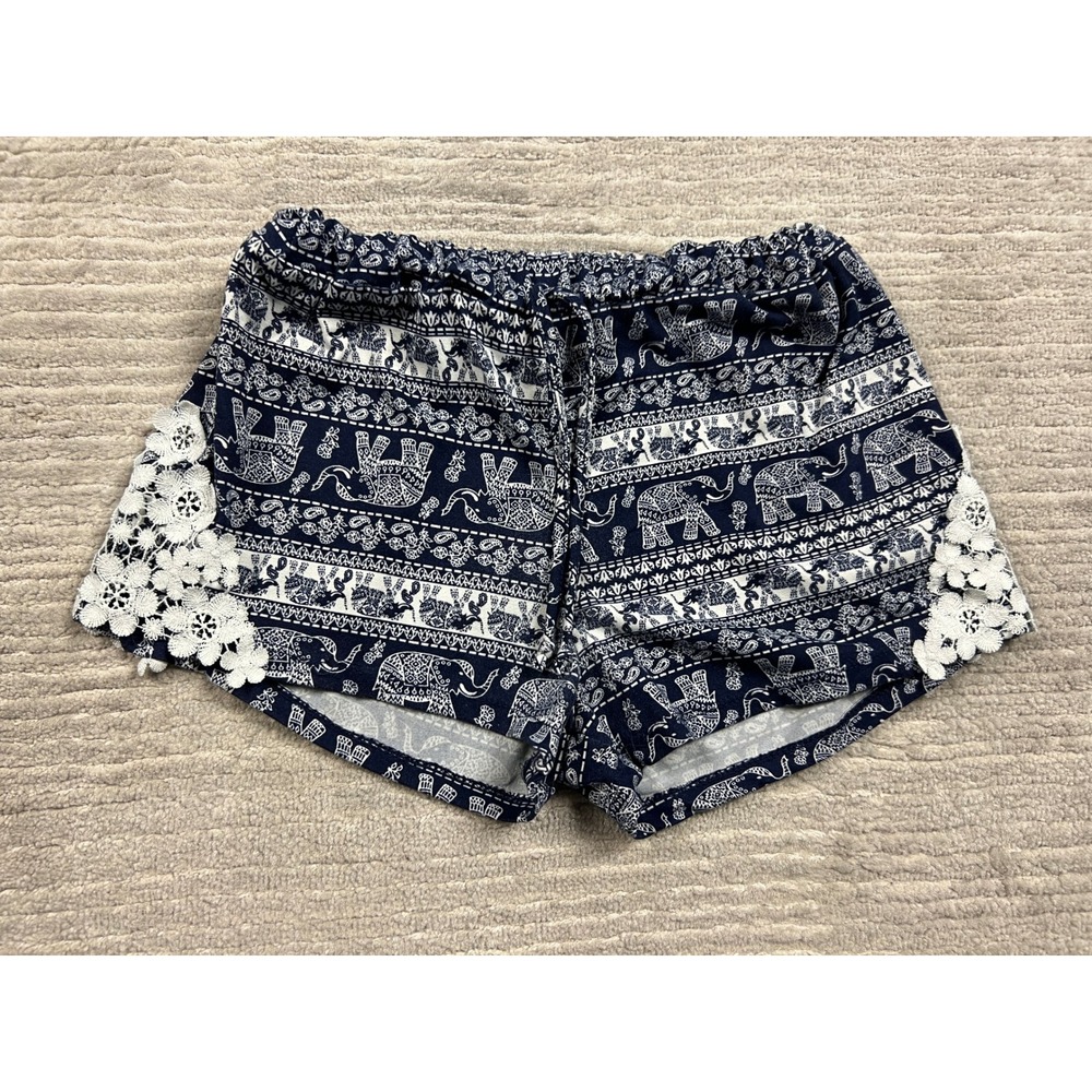 Shosho Shorts Girls 10/12 Navy Blue Elephant Print Crochet Lace Trim Boho Casual